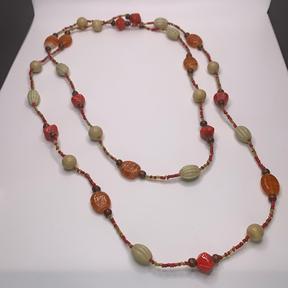 Orange Red & Tan Glass Beaded Infinity Necklace 47” (no clasp)